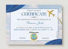 a certificate is shown with an airplane in the background