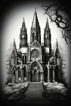 a drawing of a gothic church with stairs leading up to it