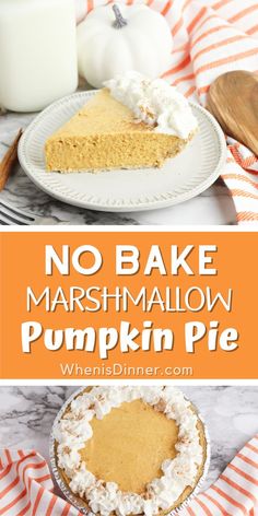 no bake marshmallow pumpkin pie with whipped cream on top and in the background