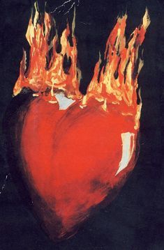 a painting of a red heart with flames coming out of the middle and on top