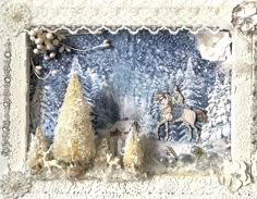 an altered photograph of a christmas scene with horses, trees and snowflakes in the background