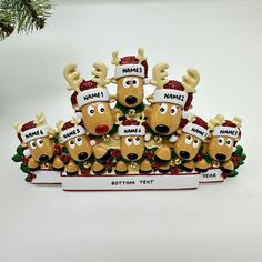 a group of christmas reindeers with name tags on their heads sitting in a row