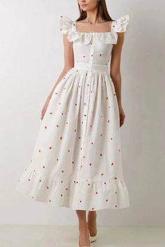 This elegant floral print midi dress features a square neck and delicate flying sleeves, creating a romantic silhouette. The high waist design flatters your figure, making it perfect for special occasions. A graceful blend of classic style and modern flair. Details: Elasticity: Non Stretch Fabric Type: POLYESTER Silhouette: A-LINE Neckline: Square Collar Material: POLYESTER Size (IN) Bust Size (in) Waist Size (in) Length (in) S 37.0 28.3 47.2 M 38.6 29.9 47.6 L 40.2 31.5 48.0 XL 41.7 33.1 48.4 Simple Frock Design, Simple Frocks, Mode Kimono, Trendy Dress Outfits, Floral Print Midi Dress, Frock Design, Trendy Dresses, Modest Outfits, Simple Dresses