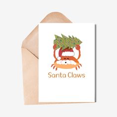 a christmas card with santa claws on it's head and trees in his hands