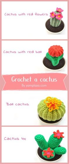 four crocheted cactus hats with flowers on them and the text below reads, free crochet cactus hat pattern