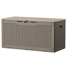 an outdoor storage box with wicker panels on the top and bottom, in grey