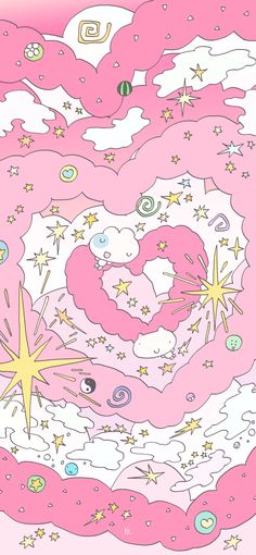 a pink and white drawing with stars, clouds, and other things in the sky