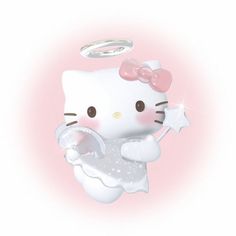 a hello kitty figurine with an angel halo above her head and stars around her neck