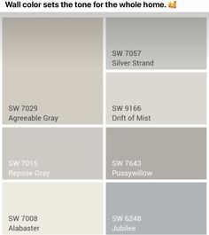 some gray and white paint colors with the names of each color in it, including two different