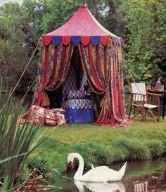 a swan swimming in the water next to a red and white tent with curtains on it