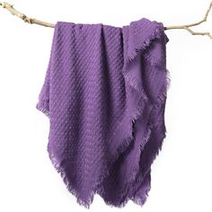 a purple blanket hanging on a clothes line with a twig in the foreground