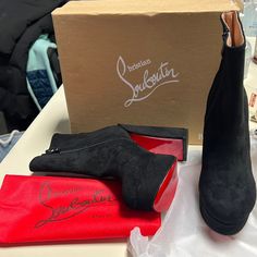 Nib Black Supple Suede Ankle Boots With Chunky Block Heels And Platform. Suede Upper * Almond Toe * Side Zipper. High Heel Platform, Chunky Block Heels, Platform Ankle Boots, Black High Heels, Suede Ankle Boots, Lady In Red, Side Zipper, High Heel, Block Heels