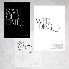 wedding stationery with black and white typograms on the front, back and inside