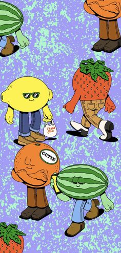 an image of cartoon characters with fruits and vegetables on them, all in different colors