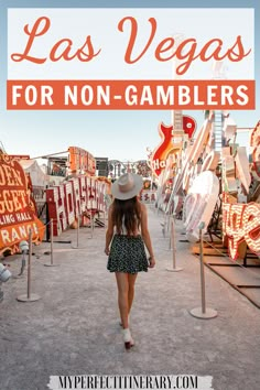 a woman walking down the street in las vegas for non - gambling signs with text overlay