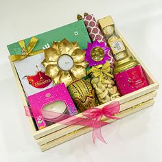 a wooden box filled with lots of different items