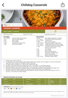 the menu for chili casserole is shown in this screenshote screen shot