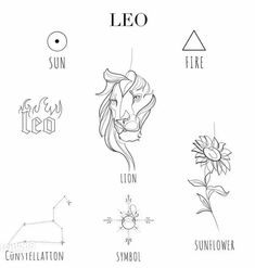 leo and the lion zodiac symbols are shown in black and white, with sunflowers