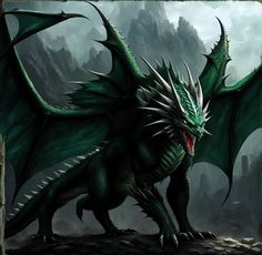 a green dragon sitting on top of a rock covered ground with mountains in the background