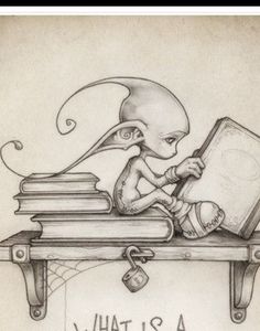 a drawing of an alien sitting at a table reading a book with the caption what is a spider on it?