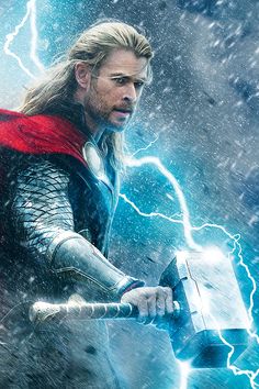 thor is holding an ax in the rain with lightning coming from his chest and head