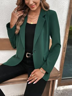 Dark Green Casual Collar Long Sleeve Woven Fabric Plain Regular Embellished Non-Stretch  Women Clothing Blazer Outfits Green, Green Work Outfits Women, Forest Green Blazer Outfit, Dark Green Blazer Outfit For Women, Green Business Outfit, Green Work Outfit, Blazer Verde Outfits Mujer, Dark Green Blazer Outfit, Green Blazer Outfits