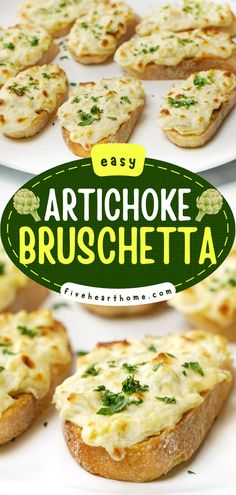 Get some baguette slices ready for this easy Arichoke Bruschetta! Broiled with a creamy artichoke spread, it's a fancy Easter party food everyone will enjoy. You can even make this Easter appetizer recipe as a warm, cheesy artichoke dip! Cocktail Food Appetizers, Hot Dip Recipe, Artichoke Bruschetta, Hot Artichoke Dip, Fancy Appetizers, Bruschetta Recipe, Artichoke Recipes, Football Party Food