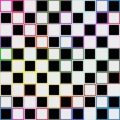 an abstract pattern with squares and rectangles in black, white, pink, blue, green