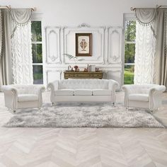 a living room filled with white furniture next to two windows and a rug on the floor