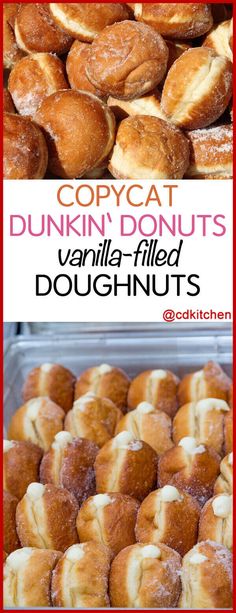 several different types of doughnuts in a plastic container with the words copycat dunkin donuts vanilla - filled doughnuts