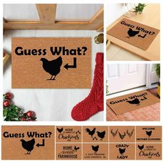 doormats with words and pictures on them that say guess what?, where is the