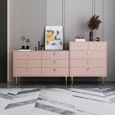 a pink dresser sitting next to a wall