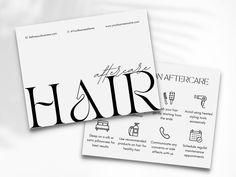 "Introducing our comprehensive Hair Extension Aftercare Card, designed specifically to meet the needs of salon owners, hair stylists, estheticians, and beauty professionals. Our professionally crafted aftercare cards are an essential tool to provide your clients with clear and concise instructions on how to care for their hair extensions. With its sleek design and editable format, using Canva's user-friendly platform, our aftercare cards can be effortlessly customized to match your salon's brand Beauty Salon Essentials, Hair Extensions Branding, Stationary Logo, Aftercare Cards, Hair Extension Care, Hair Extension Salon, Esthetician Marketing, Logo Hair, Hair Extension Brands