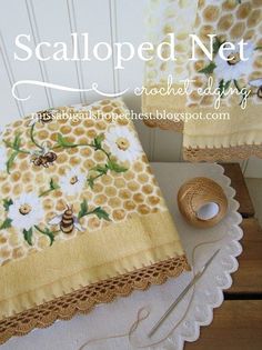 two bees and daisies are on the table next to each other, with text that reads scalloped net crocheting