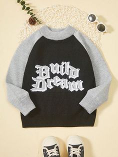 Tween Boy Letter Pattern Raglan Sleeve Sweater Grey Casual  Long Sleeve Wool-Like Fabric Colorblock,Letter,Slogan Pullovers Slight Stretch  Tween Boys Clothing, size features are:Bust: ,Length: ,Sleeve Length: Teenage Boys Sweaters, Winter Raglan Sleeve Top With Letter Print, Hip Hop Cotton Sweater With Letter Print, Kpop Long Sleeve Sweatshirt With Letter Print, Kpop Cotton Sweatshirt With Letter Print, Harajuku Crew Neck Sweater With Letter Print, Raglan Sleeve Sweater, Boys Sweaters, Letter Patterns