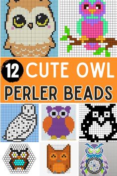 12 cute owl perler bead patterns with the words, 12 cute owl perler beads