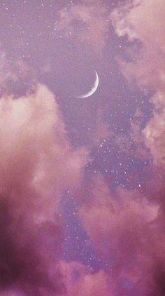 the moon and stars are in the sky above some clouds with purple hues on them