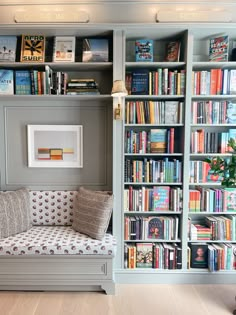 a living room filled with lots of books on top of a book shelf next to a couch