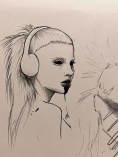 a drawing of a woman with headphones on