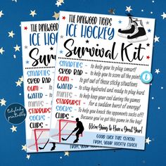 two ice hockey survival kit with instructions for the winter olympics and snowboarding games on them