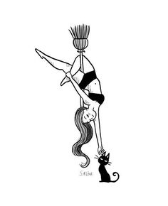 a black and white drawing of a woman doing acrobatics with a cat