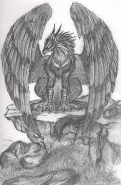 a pencil drawing of an eagle sitting on top of a rock with its wings spread out