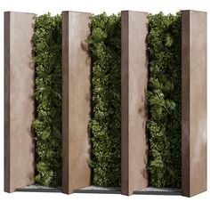 three wooden panels with green plants growing on the sides and one is in between them