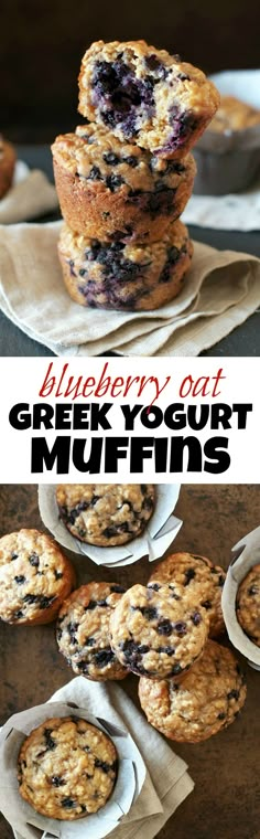 blueberry oat greek yogurt muffins stacked on top of each other