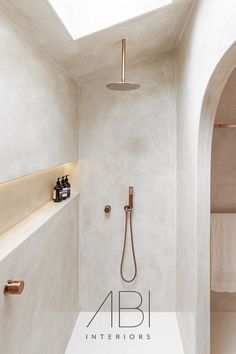 a bathroom with a skylight, shower head and hand held shower faucet