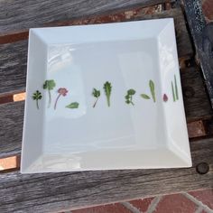 a white plate topped with green plants on top of a wooden table next to a bench