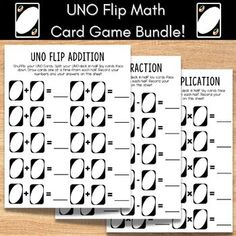 the uno flip math card game bundle is shown in black and white, with an image of