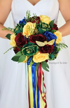 a bridal bouquet with red, yellow and blue flowers