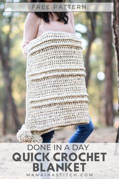 a woman holding a crochet blanket in the woods with text overlay that reads,