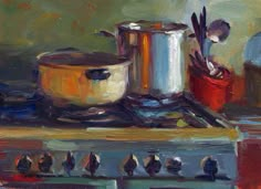 an oil painting of pots and pans on top of a stove with utensils